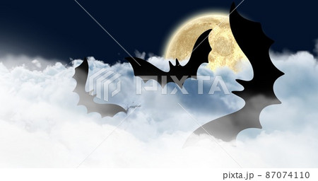 Composition of castle and bats icons over sky with moon and clouds 87074110