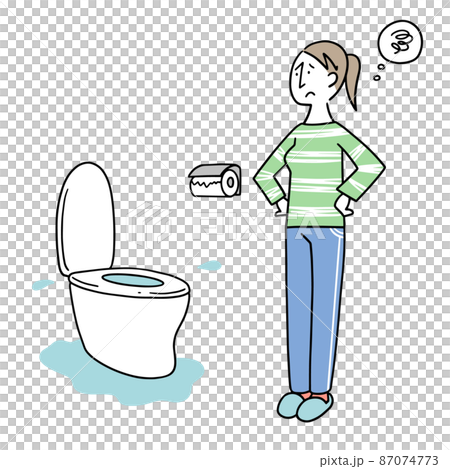 A woman who is in trouble because the toilet is out of order A woman who is in trouble because the toilet is out of order 87074773