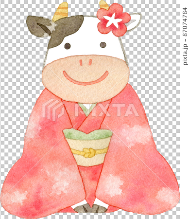 穿著和服迎接新年的奶牛的插圖 穿著和服迎接新年的奶牛的插圖 87074784