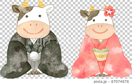 一頭牛穿著和服和外罩袴迎接新年的插圖 87074878