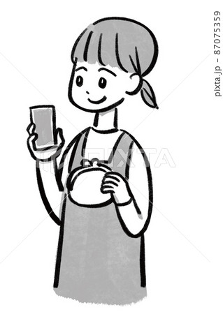 スマホと財布を持つ主婦　家事家計　シンプル　ラフ　モノクロ 87075359
