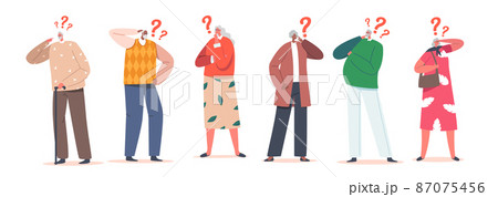 Senior Characters Thinking, Forgetful Pensive Elderly People with Alzheimer Disease. Confused Grandfather, Grandmother 87075456