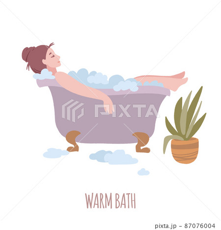 Young woman is taking a bath. Hand drawn vector decorative illustration in trendy flat style. Young woman is taking a bath. Hand drawn vector decorative illustration in trendy flat style. 87076004