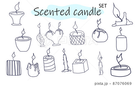 A set of scented candles with a burning fire. Candles for interior, lighting and romantic dates. Aromatherapy. Vector illustration in linear design on a white background. 87076069