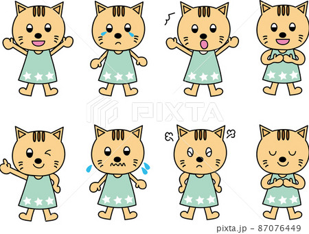 ねこ、ゆるかわいい動物のポーズイラスト8セットのイラスト素材 