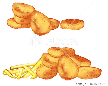 手描き水彩のチキンナゲットとフライドポテトイラストワンポイントラインセット 87076466