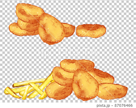 手描き水彩のチキンナゲットとフライドポテトイラストワンポイントラインセット 87076466