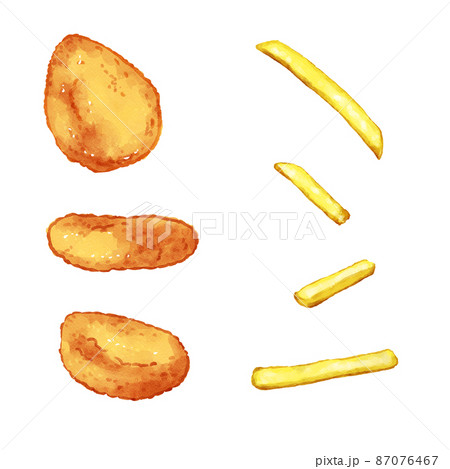 積める 手描き水彩のチキンナゲットとフライドポテトイラストセットのイラスト素材