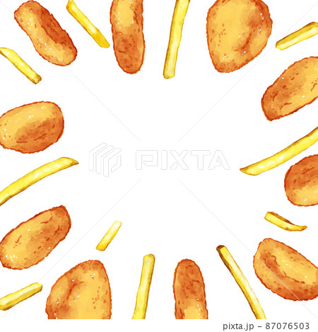 手描き水彩のチキンナゲットとフライドポテトイラスト正方形フレーム 囲みのイラスト素材