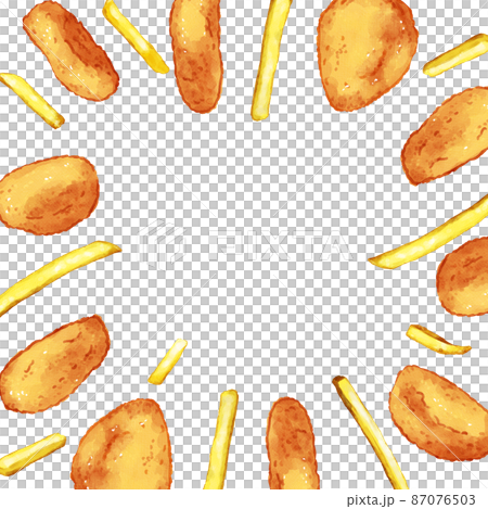 手描き水彩のチキンナゲットとフライドポテトイラスト正方形フレーム 囲みのイラスト素材