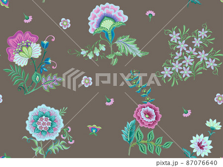Fantasy flowers in retro, vintage, jacobean embroidery style. 87076640