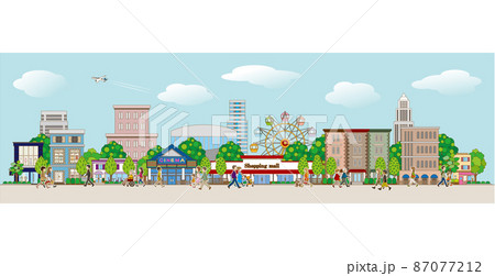 街並みを歩く人々のベクターイラスト. 街並みを歩く人々のベクターイラスト. 87077212