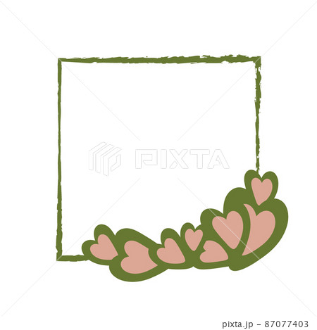 Spring frame in green color with decoration in the form of hearts. Copyspace. Handdrawn. 87077403