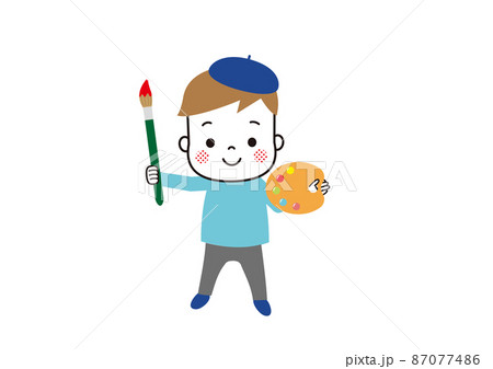 絵筆とパレットを持って立っているベレー帽を被った男の子 絵筆とパレットを持って立っているベレー帽を被った男の子 87077486
