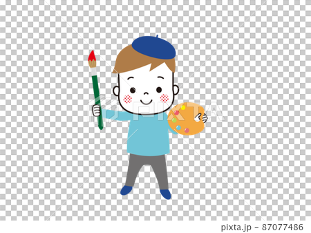 絵筆とパレットを持って立っているベレー帽を被った男の子 絵筆とパレットを持って立っているベレー帽を被った男の子 87077486