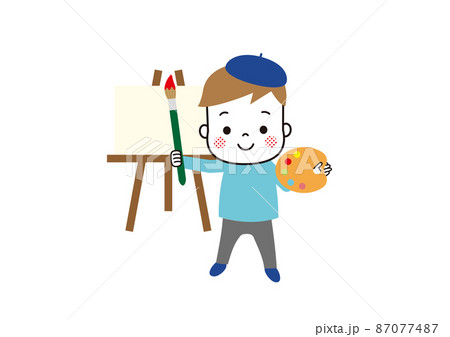パレットと絵筆を持って絵を描いている男の子とキャンバスのイラスト素材 パレットと絵筆を持って絵を描いている男の子とキャンバスのイラスト素材