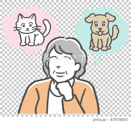 A middle-aged woman who imagines a dog or a cat and is wondering which pet to keep A middle-aged woman who imagines a dog or a cat and is wondering which pet to keep 87078005