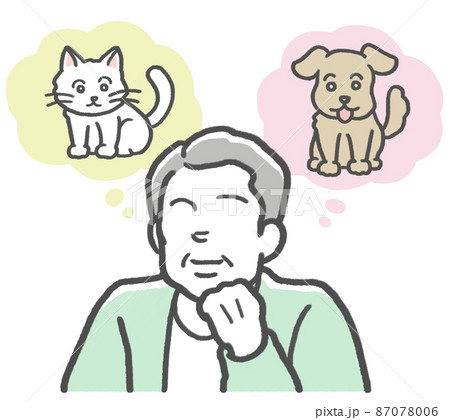 犬と猫をイメージし、どっちのペットを飼うか迷っている中年男性 犬と猫をイメージし、どっちのペットを飼うか迷っている中年男性 87078006