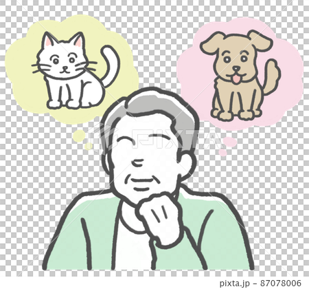 犬と猫をイメージし、どっちのペットを飼うか迷っている中年男性 犬と猫をイメージし、どっちのペットを飼うか迷っている中年男性 87078006