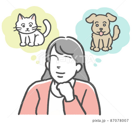 犬と猫をイメージし、どっちのペットを飼うか迷っている若い女性 87078007