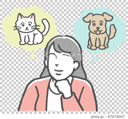 犬と猫をイメージし、どっちのペットを飼うか迷っている若い女性 87078007