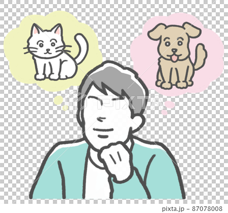 犬と猫をイメージし、どっちのペットを飼うか迷っている若い男性 87078008