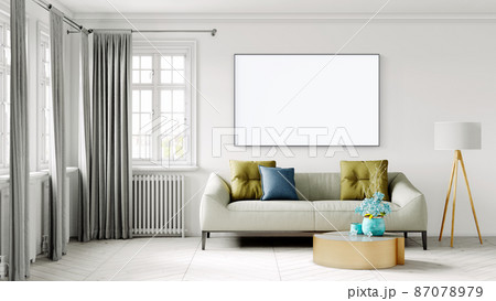 Modern interior of a room with an empty painting. Sofa and large window, wooden floor and wall. Clean lines of interior design. 3D rendering 87078979