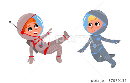 Kids astronauts in space suits floating in outer space cartoon vector illustration on white background 87079155