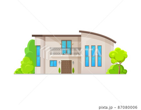 Modern two-storey house exterior in residential neighborhood. Contemporary villa, modern architecture vector home cottage with long narrow windows, balcony with forged lattice and trees on yard Modern two-storey house exterior in residential neighborhood. Contemporary villa, modern architecture vector home cottage with long narrow windows, balcony with forged lattice and trees on yard 87080006