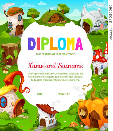 Cartoon fairytale houses of gnomes and elves, kids diploma or certificate award, vector. School or kindergarten education diploma certificate with fairy tale homes of pumpkin, teapot and wood stump 87080060