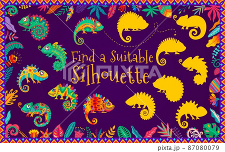 Find a suitable silhouette of mexican chameleon lizards. Kids vector shadow match logic riddle game for preschool or kindergarten education. Cartoon worksheet for logic game 87080079