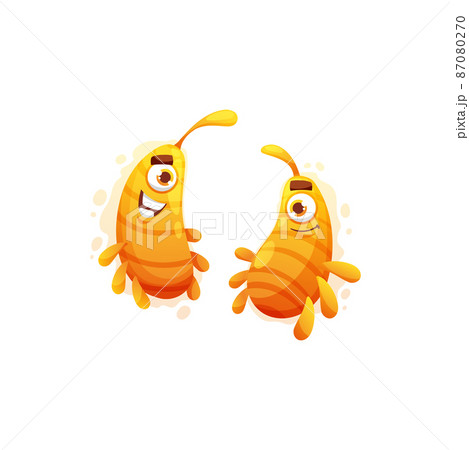 Cartoon pathogen cells characters, vector funny virus, microbe or bacteria. Smiling micro organism couple division into two daughter cells with same genetic material. Cute one-eyed smiling germs Cartoon pathogen cells characters, vector funny virus, microbe or bacteria. Smiling micro organism couple division into two daughter cells with same genetic material. Cute one-eyed smiling germs 87080270