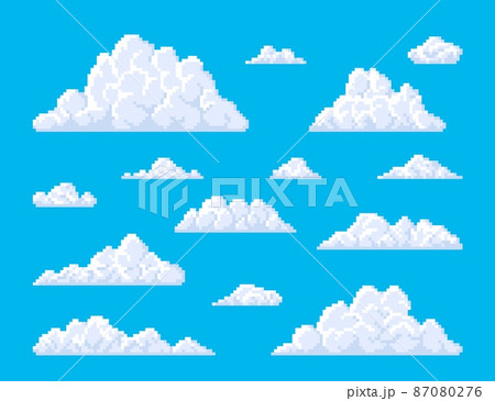White pixel fluffy bubble clouds on blue sky background. Retro game, 8bit pixel art icons or eight-bit arcade mosaic backdrop with square pixels clouds, atmosphere or weather 87080276