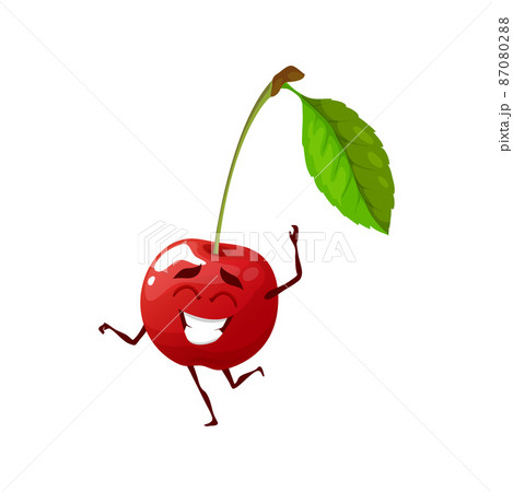 Cheerful cartoon cherry character dancing with cute smile, vector personage. Sweet cherry fruit, happy funny food personage for dessert or confectionery and kids comic game Cheerful cartoon cherry character dancing with cute smile, vector personage. Sweet cherry fruit, happy funny food personage for dessert or confectionery and kids comic game 87080288