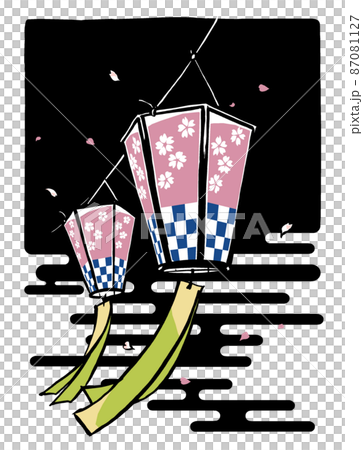 Two cherry-blossom viewing lanterns swaying in the wind and cherry blossom petals fluttering on a black background with the image of the night, painted with a brush and painted with a mat Two cherry-blossom viewing lanterns swaying in the wind and cherry blossom petals fluttering on a black background with the image of the night, painted with a brush and painted with a mat 87081127