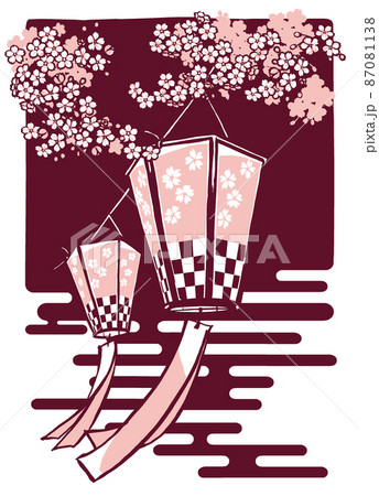 春の夜をイメージした背景に満開の桜の枝の下の二張りの花見提灯　筆描き・2色塗り 87081138