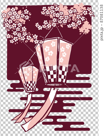 春の夜をイメージした背景に満開の桜の枝の下の二張りの花見提灯　筆描き・2色塗り 87081138