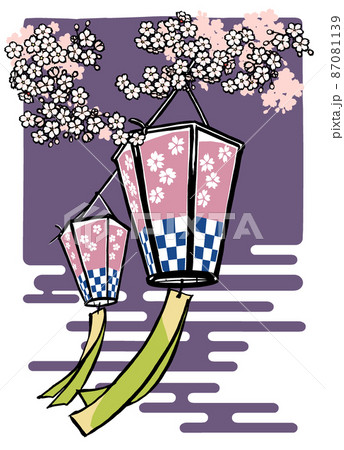 春の夜をイメージした紫色を背景に満開の桜の枝の下の二張りの花見提灯 筆描き・マット塗り 春の夜をイメージした紫色を背景に満開の桜の枝の下の二張りの花見提灯 筆描き・マット塗り 87081139