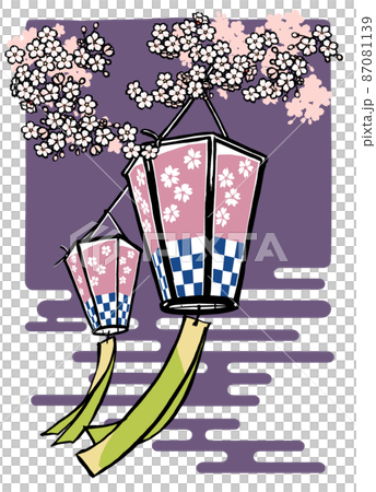 春の夜をイメージした紫色を背景に満開の桜の枝の下の二張りの花見提灯 筆描き・マット塗り 春の夜をイメージした紫色を背景に満開の桜の枝の下の二張りの花見提灯 筆描き・マット塗り 87081139