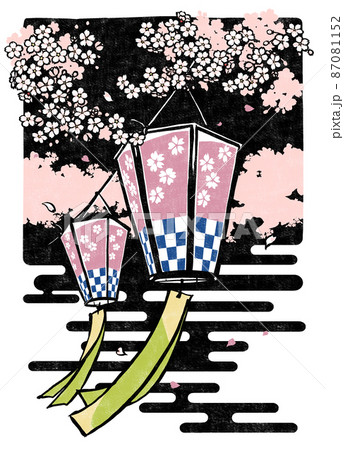 夜をイメージした黒色の背景に満開の桜の中の二張りの花見提灯と散る花びら　版画風 87081152