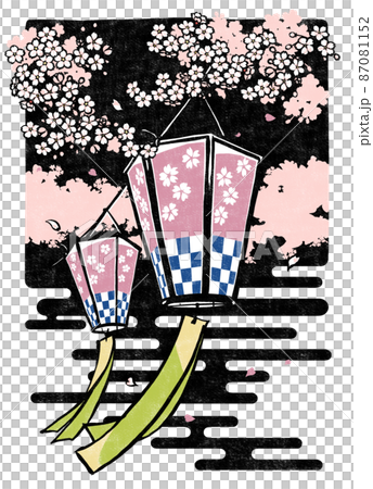 夜をイメージした黒色の背景に満開の桜の中の二張りの花見提灯と散る花びら　版画風 87081152