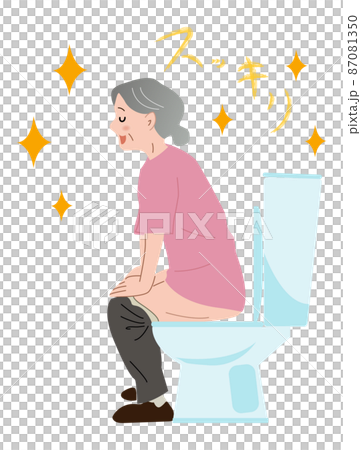 トイレで高齢女性が排便、快便、スッキリ、笑顔 87081350