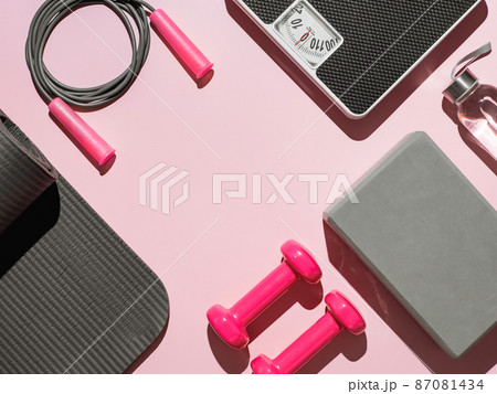 Fitness concept. Sport mat, equipment. Copy space 87081434