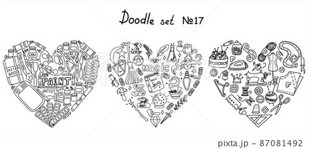 Big vector doodle sewing, magical, paint sets. Vector tailoring, halloween, artist s tools icons. Sewing mannequin, machine, measuring and cutting supplies, Black outline. Sketch with professions Big vector doodle sewing, magical, paint sets. Vector tailoring, halloween, artist s tools icons. Sewing mannequin, machine, measuring and cutting supplies, Black outline. Sketch with professions 87081492