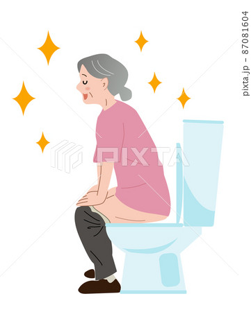 トイレで高齢女性が排便、快便、スッキリ、笑顔 トイレで高齢女性が排便、快便、スッキリ、笑顔 87081604