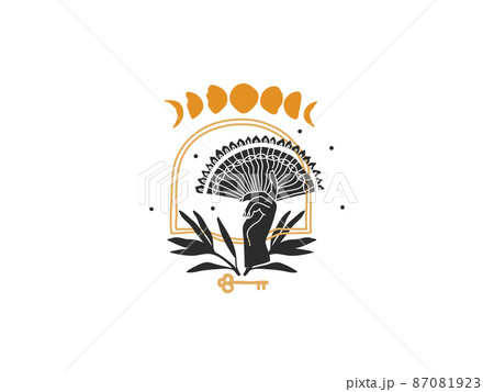 Hand drawn vector abstract stock flat graphic illustration with logo elements ,female hand and moon phases, magic line moon art in simple style for branding ,isolated on white background 87081923