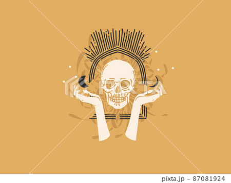 Hand drawn vector abstract stock flat graphic illustration with logo elements ,skull and moon phases , magic line mystic art in simple style for branding ,isolated on golden background 87081924