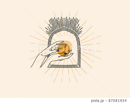 Hand drawn vector abstract stock flat graphic illustration with logo elements ,golden sun in female hand in arch , magic line art in simple style for branding ,isolated on white background 87081934