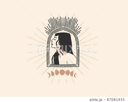Hand drawn vector abstract stock flat graphic illustration with logo elements ,beauty woman face ,moon phases and arch, magic line moon art in simple style for branding ,isolated on white background 87081935