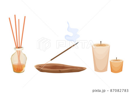 Aroma stick on wooden incense burner with smoke, candles, joss in cartoon style isolated on white background . Aromatherapy and meditation,  87082783